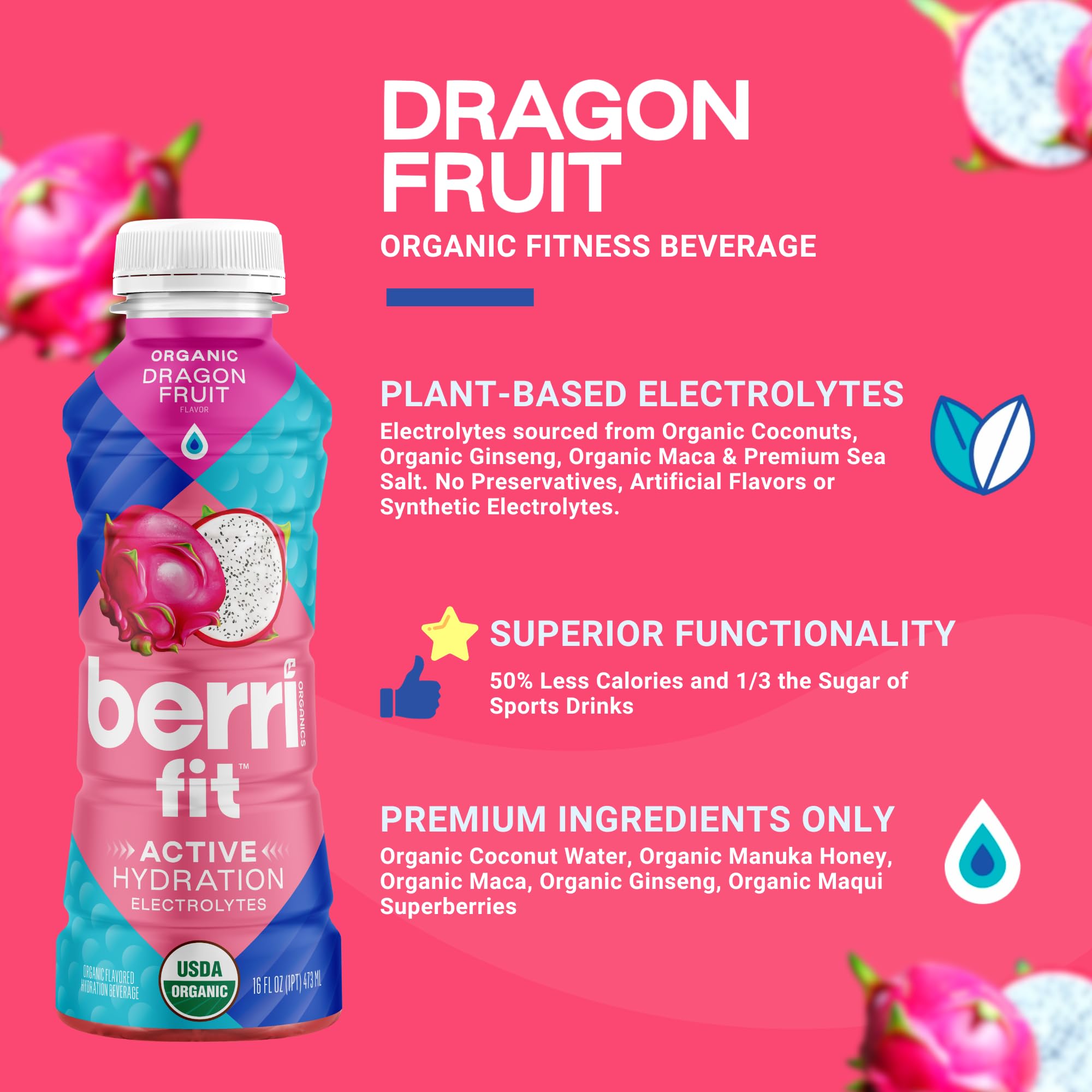 Berri Fit Hydration - Organic Dragon Fruit Flavor Natural Sports Drink - Plant-Based Electrolyte Beverage - Low Calorie, Paleo Coconut Water Solution