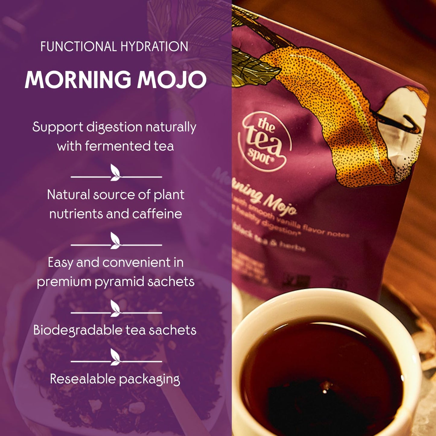 The Tea Spot Organic Morning Mojo Black Tea with Vanilla and Citrus for Energy | Breakfast Blend of Pu'erh Tea, Black Tea, Orange Peel and Vanilla