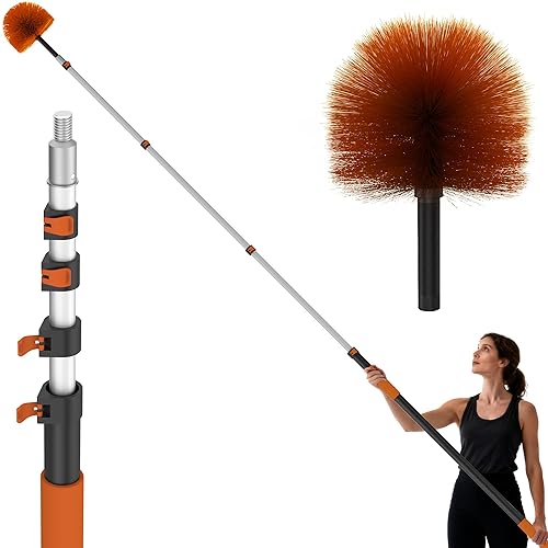 26 FT Cobweb Duster with Extension Pole, Cobweb Duster with 5-20FT Telescoping Extension Pole, Cleans Spider Webs, Washable & Reusable for High