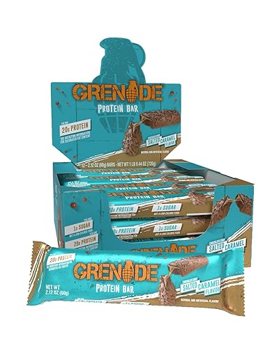 Grenade Chocolate Chip Salted Caramel High Protein Bar, 20 g Protein and 1 g Sugar per Snack Bar, 12 Count, 2.1 oz Bars
