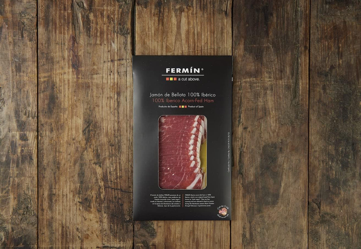 Fermin 100% Iberico Acorn-Fed Ham - Free-Range Jamón de Bellota (2 oz) | Hand-Sliced Style | Spanish Gourmet Cured Ham
