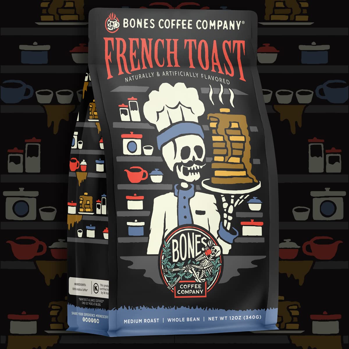 Bones Coffee Company French Toast, Sweet and Buttery Flavored Coffee, Medium Roast Low Acid Arabica Beans Compatible with Auto drip and French Press