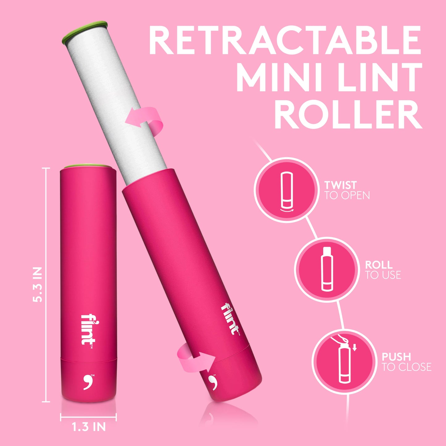 Flint Classic Pink Retractable Mini Lint Roller with 90 Extra Sticky Sheets, Small and Portable Lint Roller, Ideal Pet Hair Remover, Travel Lint
