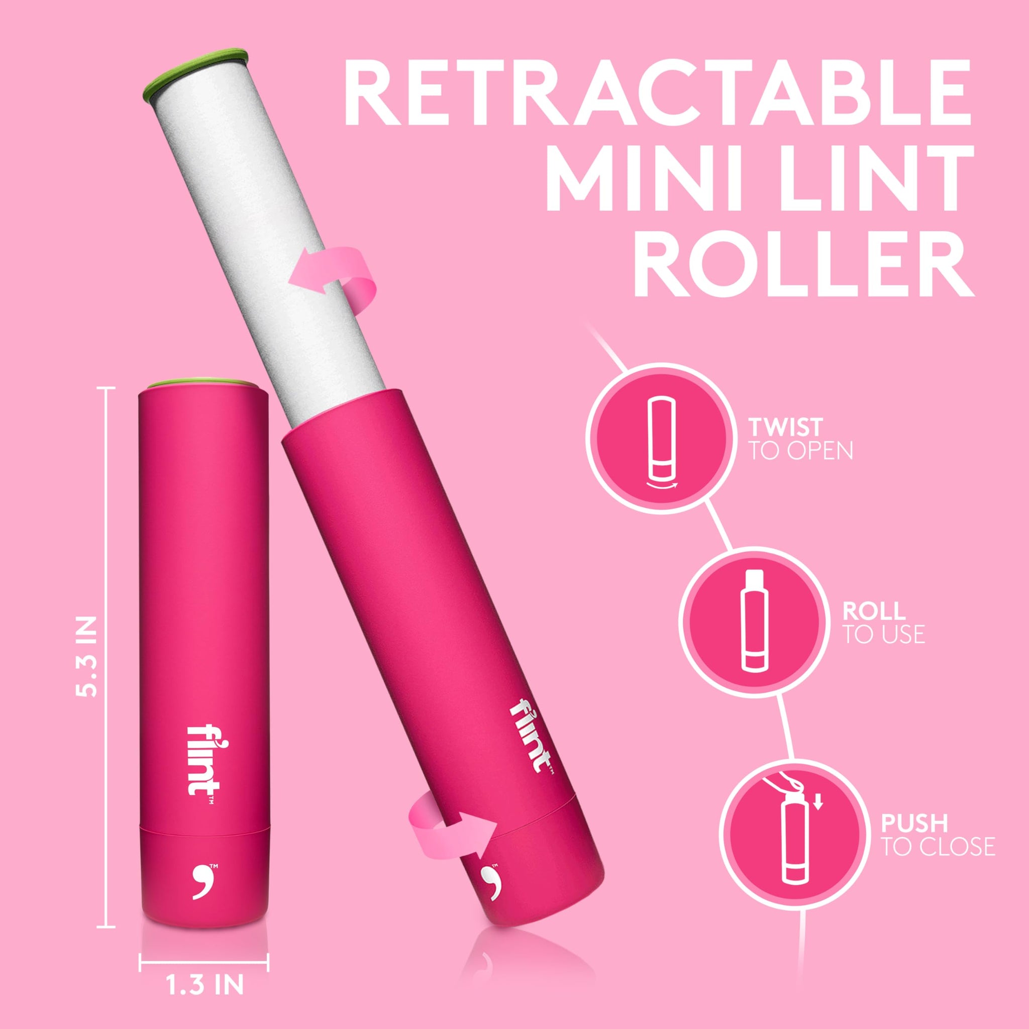 Flint Classic Pink Retractable Mini Lint Roller with 90 Extra Sticky Sheets, Small and Portable Lint Roller, Ideal Pet Hair Remover, Travel Lint