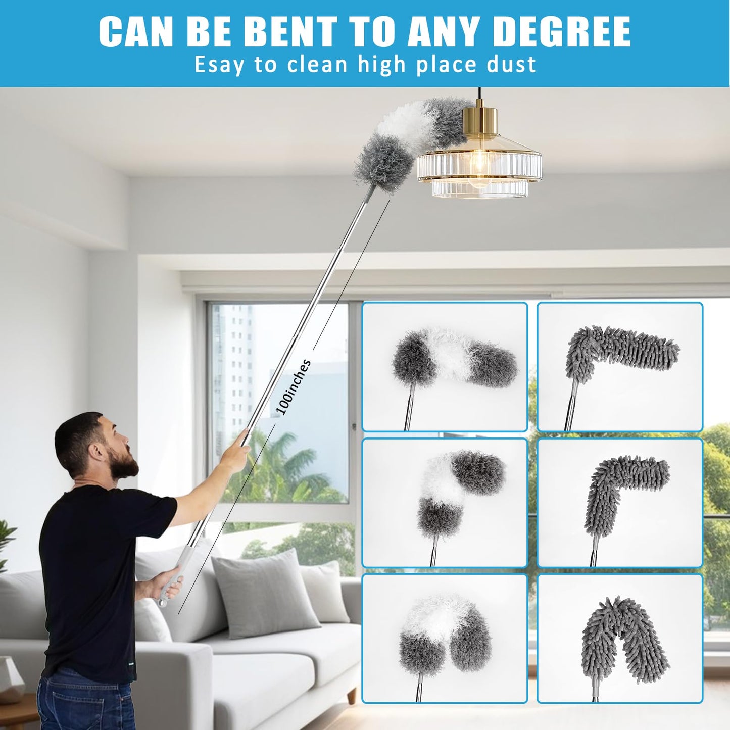 HLWDFLZ Microfiber Duster Kit 36pcs with 30 to 100 in Extension Pole and Ceiling Fan Cleaner Duster, Washable and Bendable Feather Duster for Cleaning