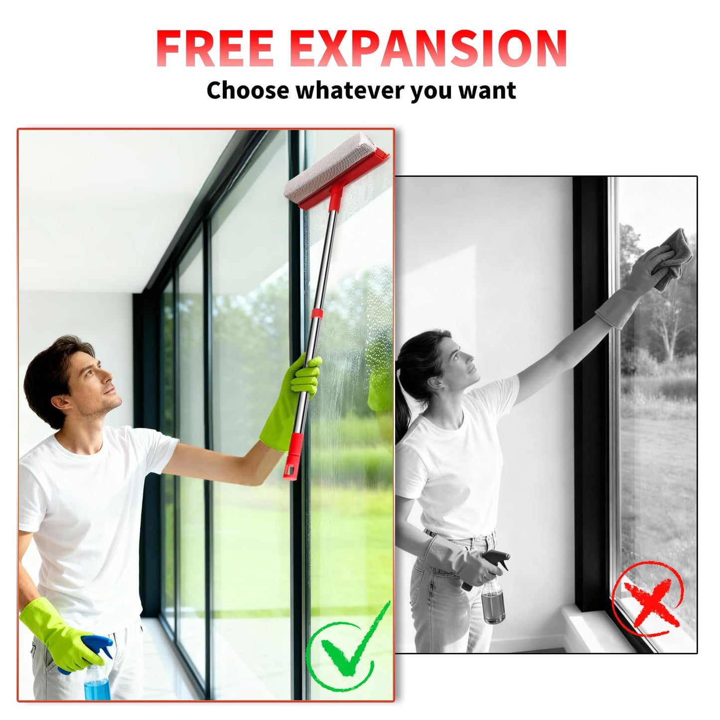 Window Squeegee with 18.5"-28.5" Retractable Handle, 2-in-1 Squeegee for Window Cleaning Tool for Cars, Trucks, Glass Doors, Shower, Outdoor Windows