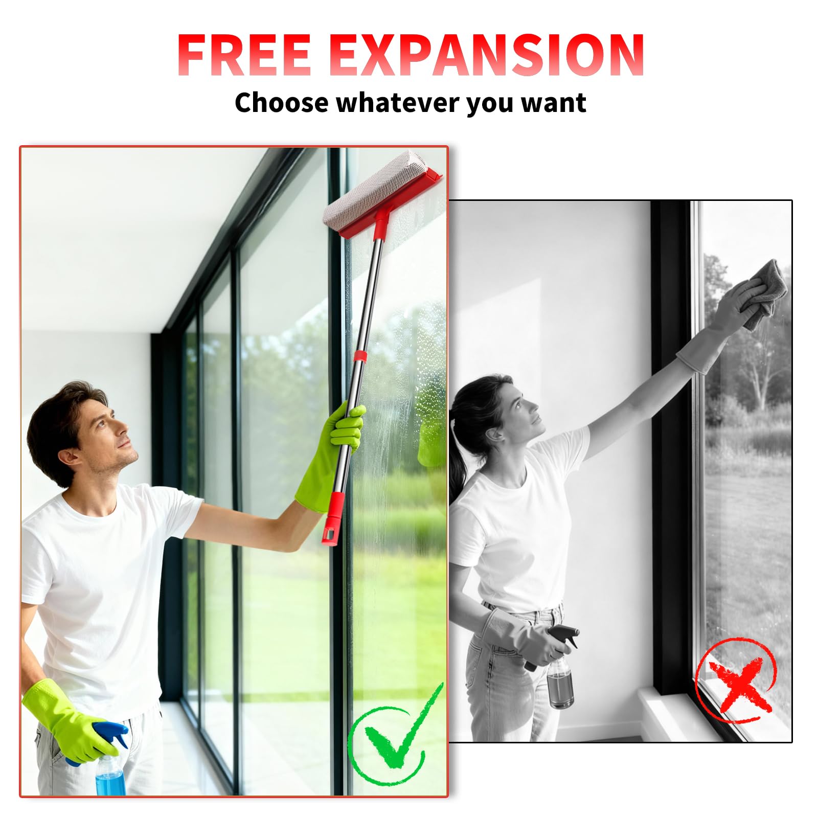 Window Squeegee with 18.5"-28.5" Retractable Handle, 2-in-1 Squeegee for Window Cleaning Tool for Cars, Trucks, Glass Doors, Shower, Outdoor Windows