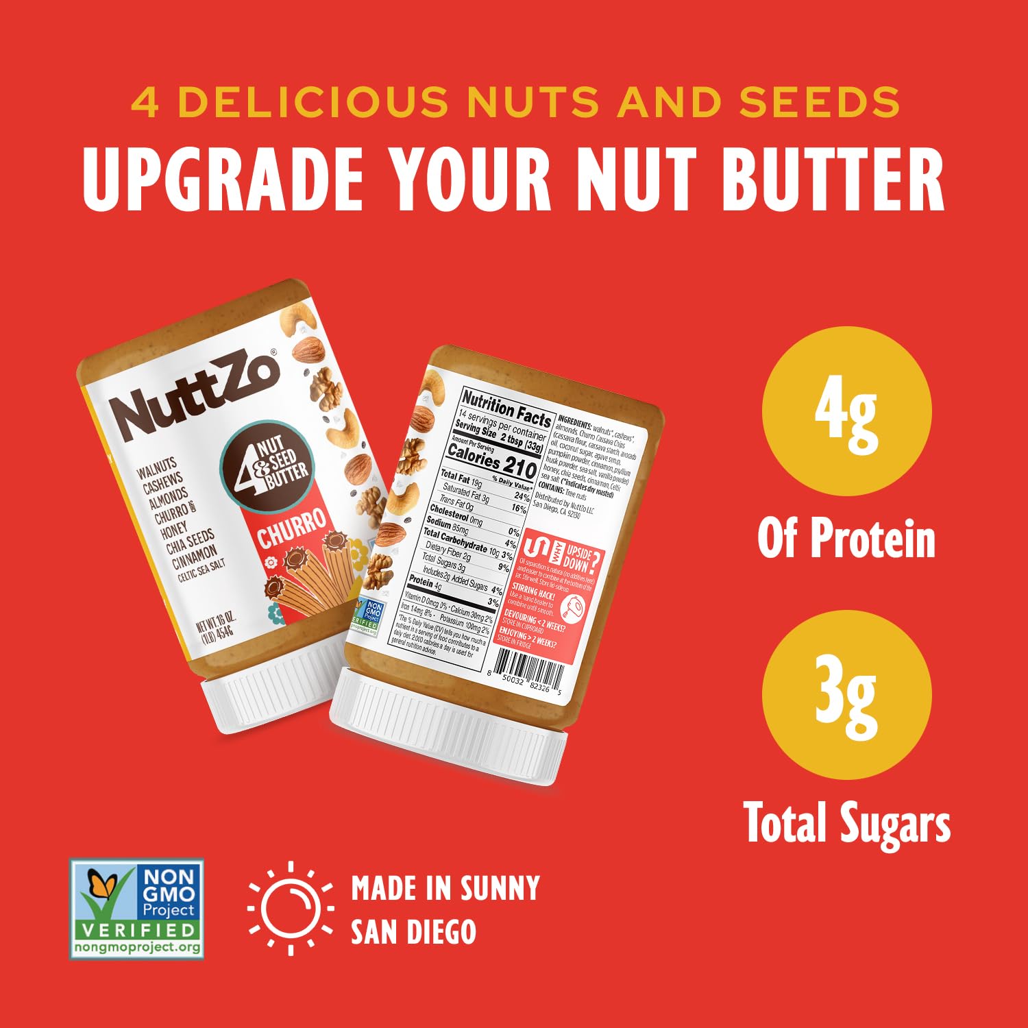 NuttZo Churro Nut & Seed Butter Spread, Mixed Nut Butter with Cashews Almonds Walnuts and Chia Seeds, Cinnamon Honey & Churro Chips, Gluten-Free