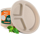Loccmat 3 Compartment Paper Plates,125 Pack Disposable Paper Plate,10 Inch Compostable Plates,Heavy Duty Biodegradable Plate