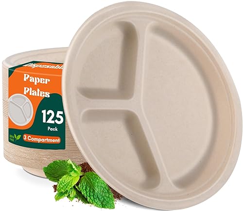 Loccmat 3 Compartment Paper Plates,125 Pack Disposable Paper Plate,10 Inch Compostable Plates,Heavy Duty Biodegradable Plate