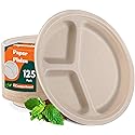 Loccmat 3 Compartment Paper Plates,125 Pack Disposable Paper Plate,10 Inch Compostable Plates,Heavy Duty Biodegradable Plate