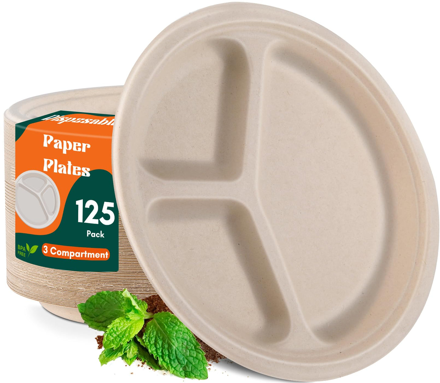 Loccmat 3 Compartment Paper Plates,125 Pack Disposable Paper Plate,10 Inch Compostable Plates,Heavy Duty Biodegradable Plate