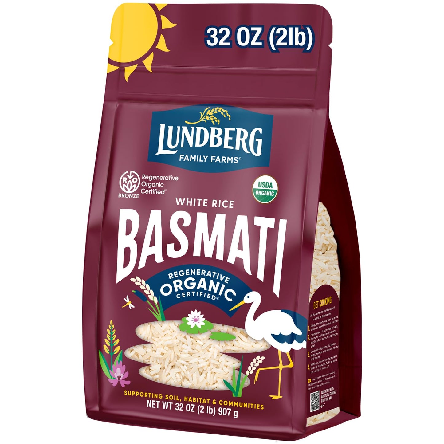 Lundberg Regenerative Organic Certified (Roc) Long Grain White Basmati Rice - Non-Sticky, Fluffy Aromatic Organic Rice Grown in California, 32 Oz