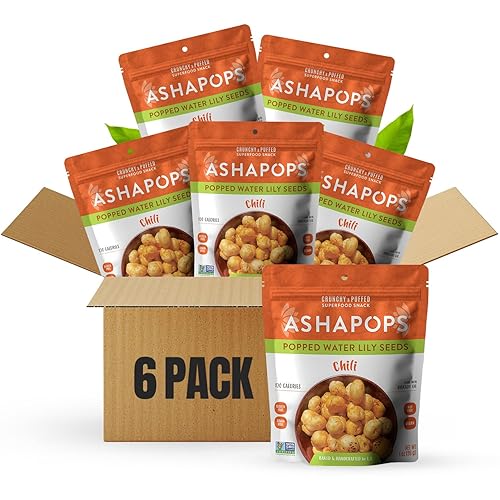 AshaPops Chili Flavored Popped Water Lily Seeds, 1 oz (Pack of 6) - Gluten-Free, Vegan, Paleo, Nut-Free, Corn-Free, Soy-Free, Non-GMO, Delicious