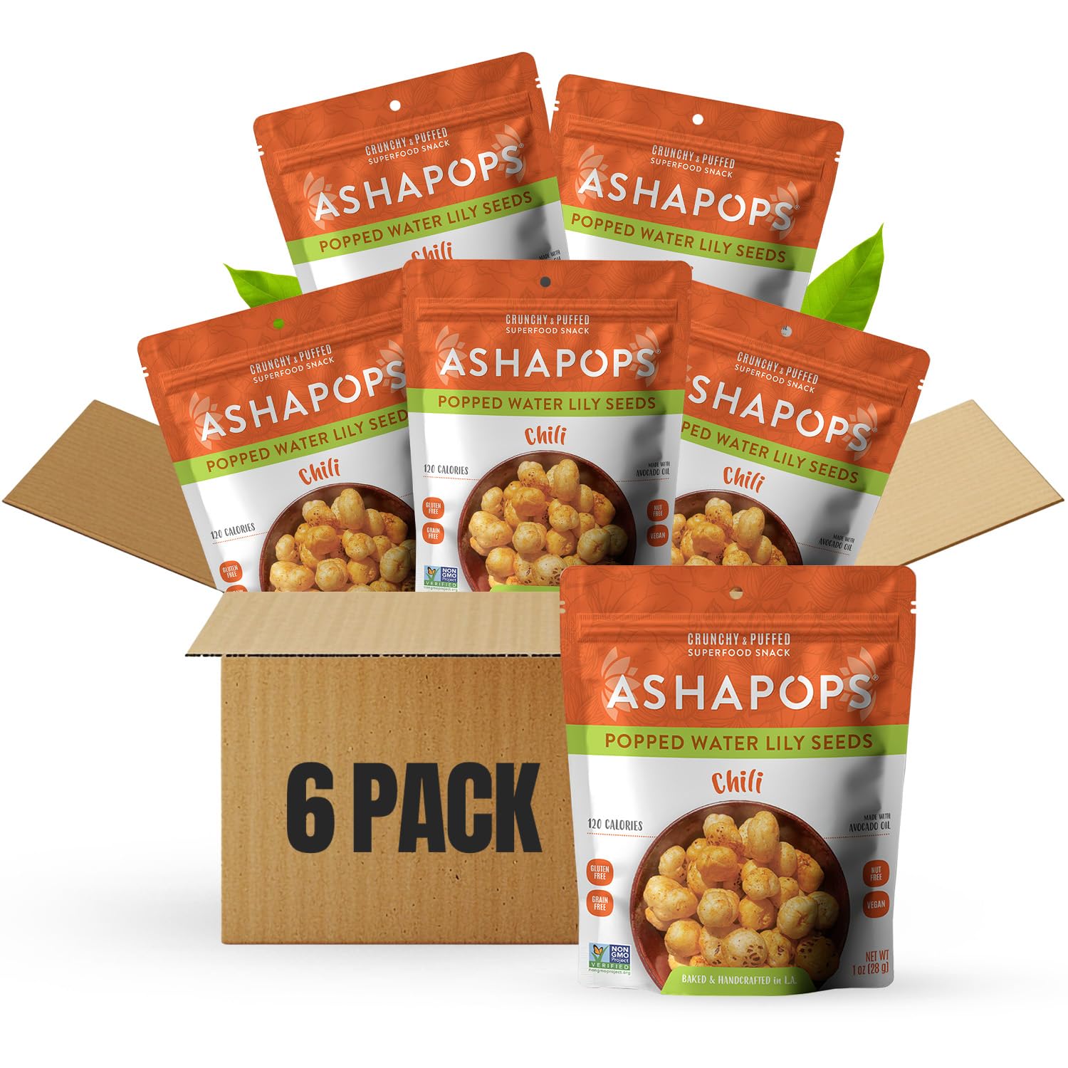 AshaPops Chili Flavored Popped Water Lily Seeds, 1 oz (Pack of 6) - Gluten-Free, Vegan, Paleo, Nut-Free, Corn-Free, Soy-Free, Non-GMO, Delicious