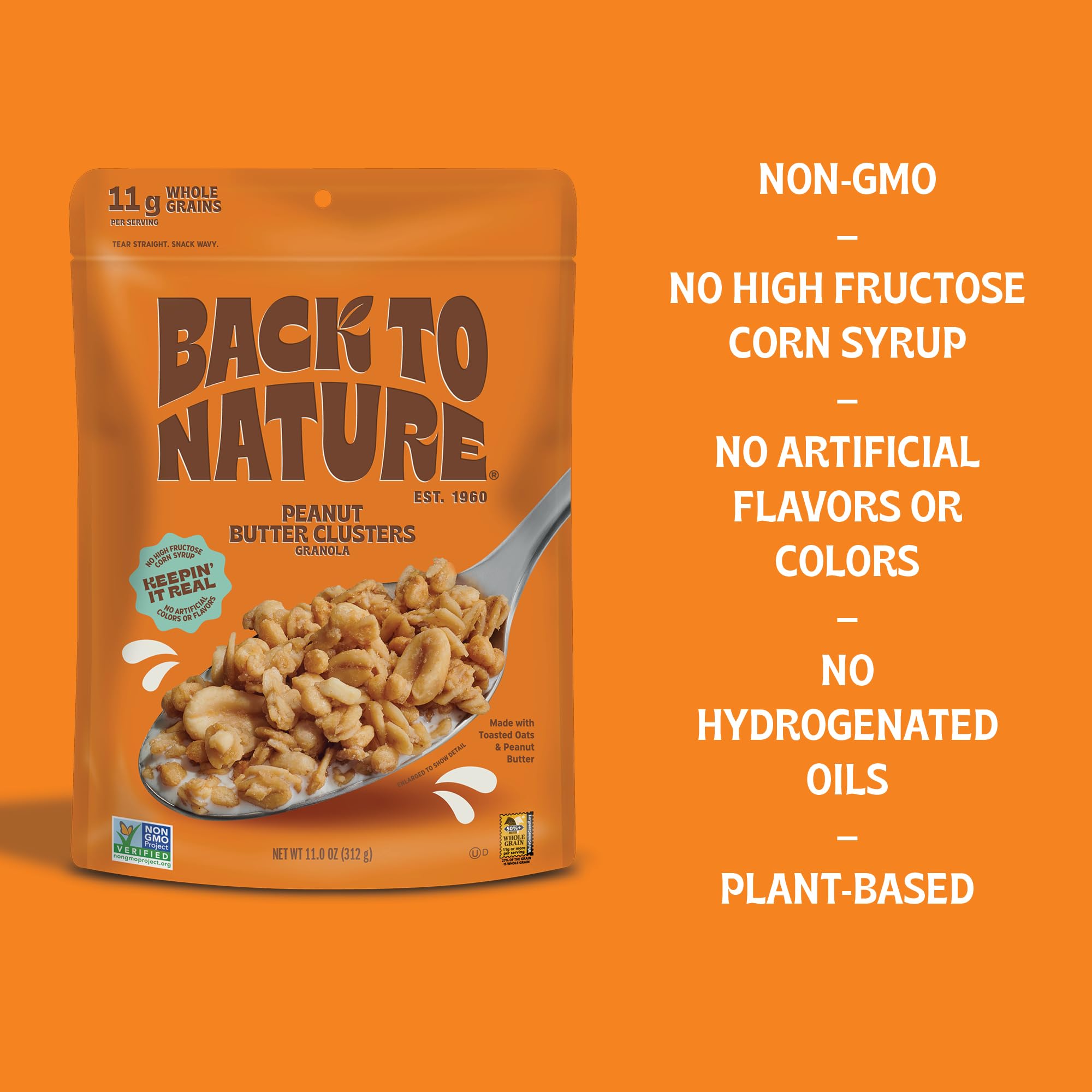 Back to Nature Granola Clusters Cereal - Non-GMO, Plant Based Snacks made with Whole Grain Rolled Oats - Peanut Butter Clusters, 11 Ounce