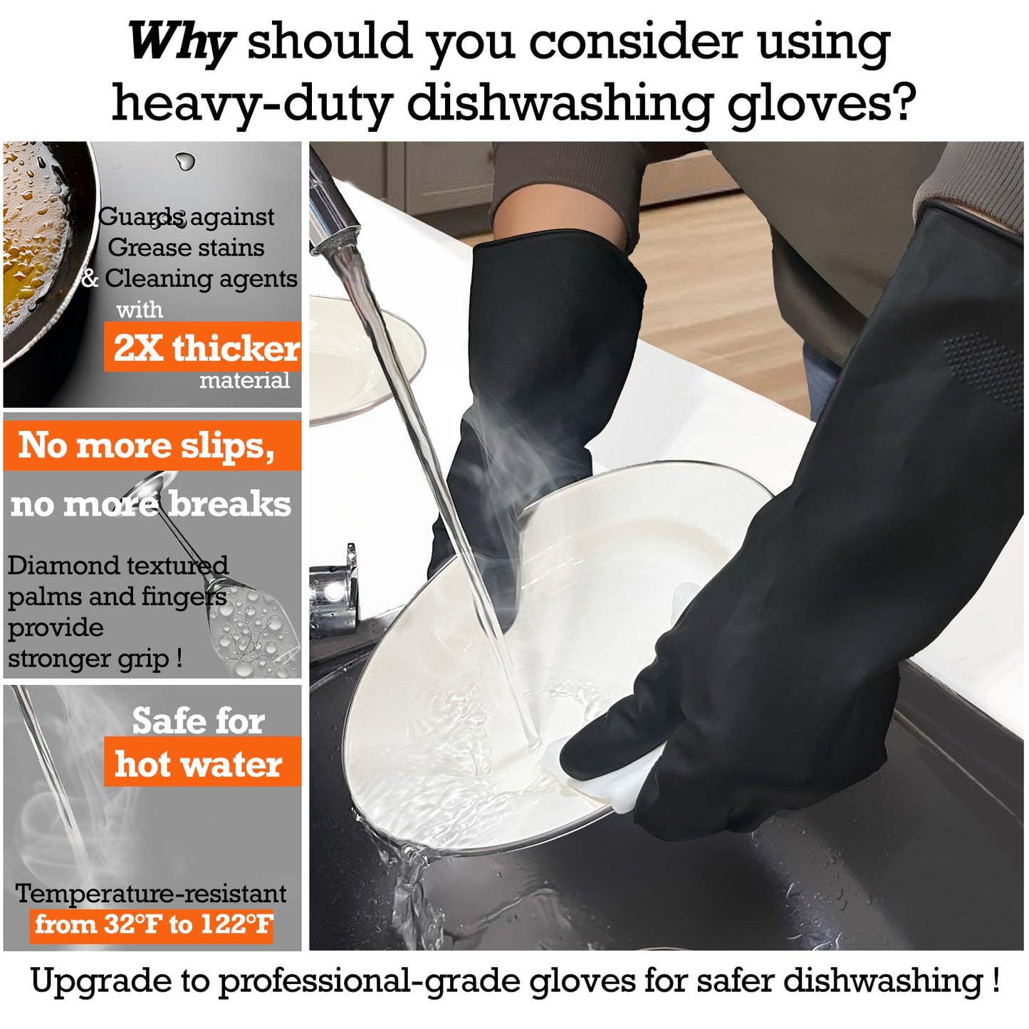 Exprosiflux Heavy-Duty Thick Rubber Cleaning Gloves - 3 Pairs of Extra-Large Black Reusable Waterproof Non-Slip Gloves for Dishwashing and Kitchen