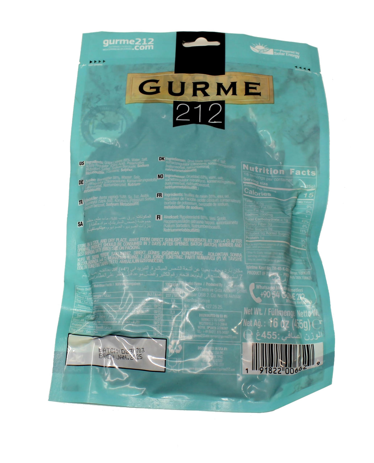 GURME 212 Premium Turkish Tokat Erbaa Narince Grape Leaves (Leaves for Dolma) 16 oz/455g