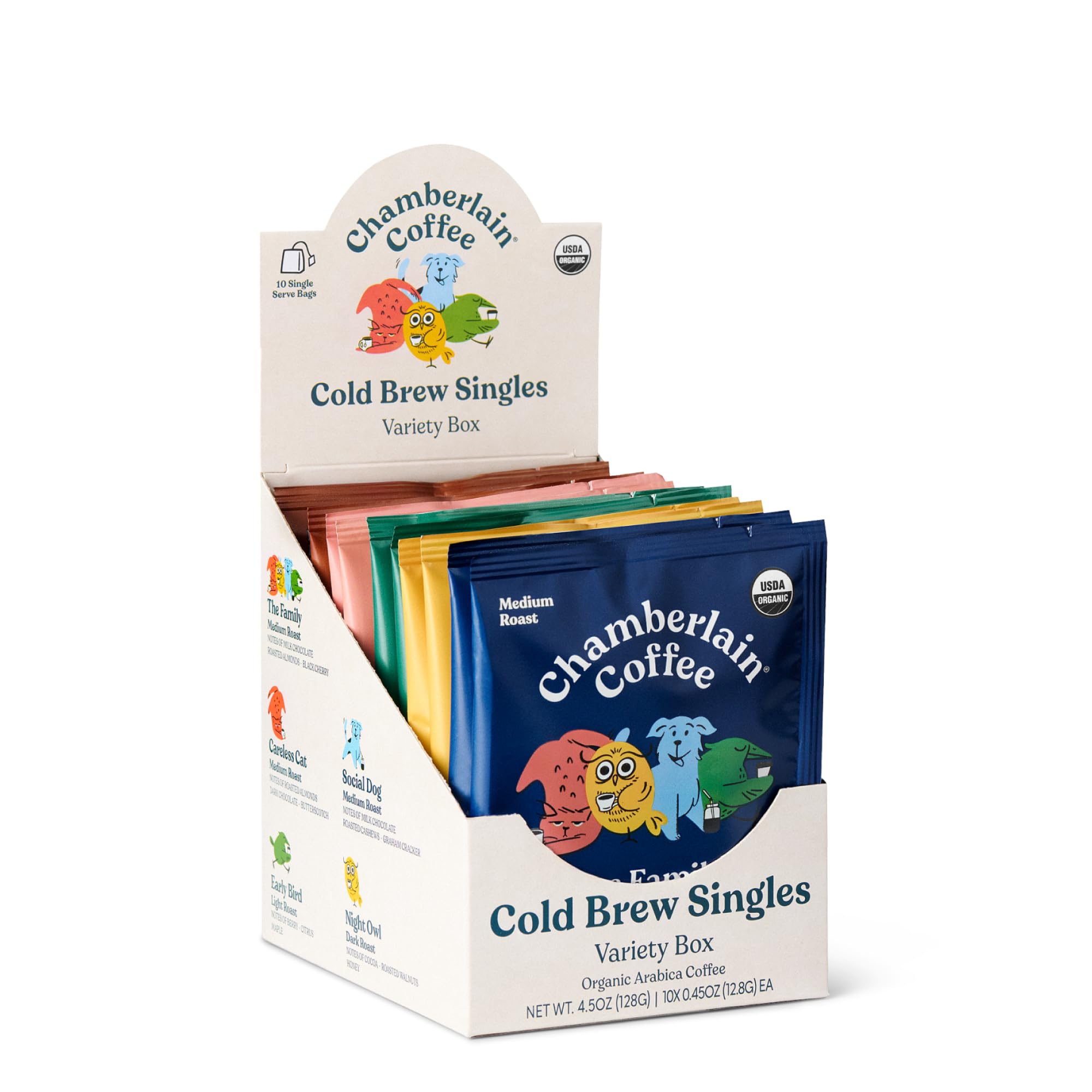 Chamberlain Coffee Variety Cold Brew Singles Medium Roast - USDA Organic, 10 Single Serve w/Different Flavors - Arabica Coffee - Smooth, Rich