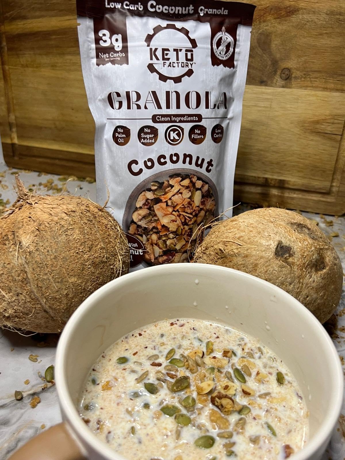 Keto Factory Coconut Granola - 3g Net Carbs, Gluten Free, Diabetic Friendly Keto Snacks for Adults - No Added Sugar, Crunchy, and Nutrient Dense Vegan
