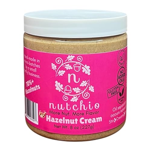 Nutchio Hazelnut Cream 8 oz 70% Hazelnuts, Smooth Natural Spread | Dairy Free, Vegan, Gluten-Free Nut Butter | No Added Oils, No Preservatives