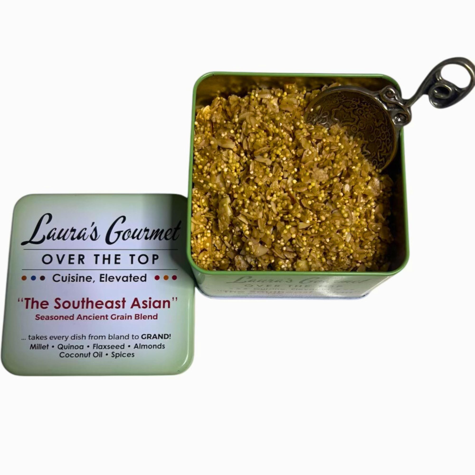Laura’s Gourmet, Over The Top Savory Seasoned Ancient Grain Blends, “The Southeast Asian,” 10 oz. Tin, All-Natural, Gluten-Free Topper for Salads