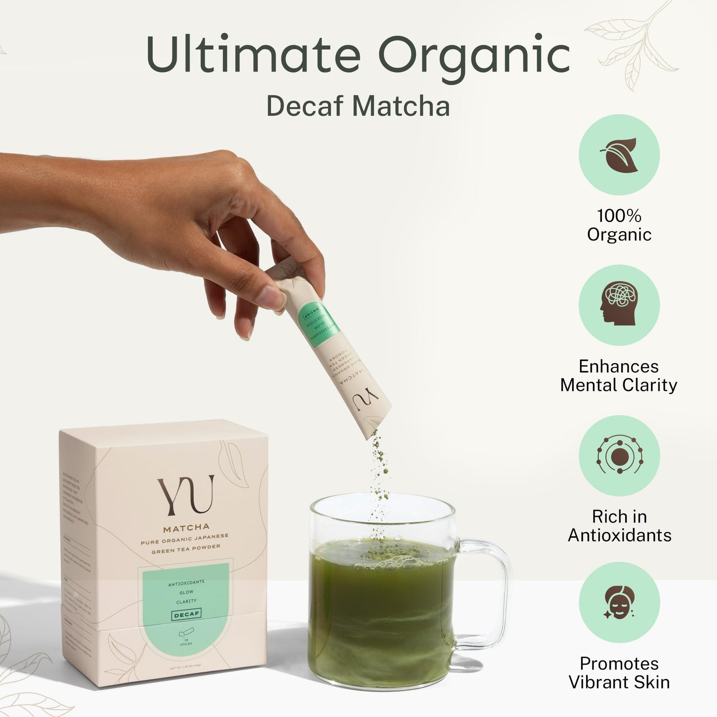 Yu Tea Organic Decaf Matcha Powder Ceremonial Grade, 50 Servings | Rich in Antioxidants & L-Theanine, Low Caffeine | Unsweetened Grade A Japanese