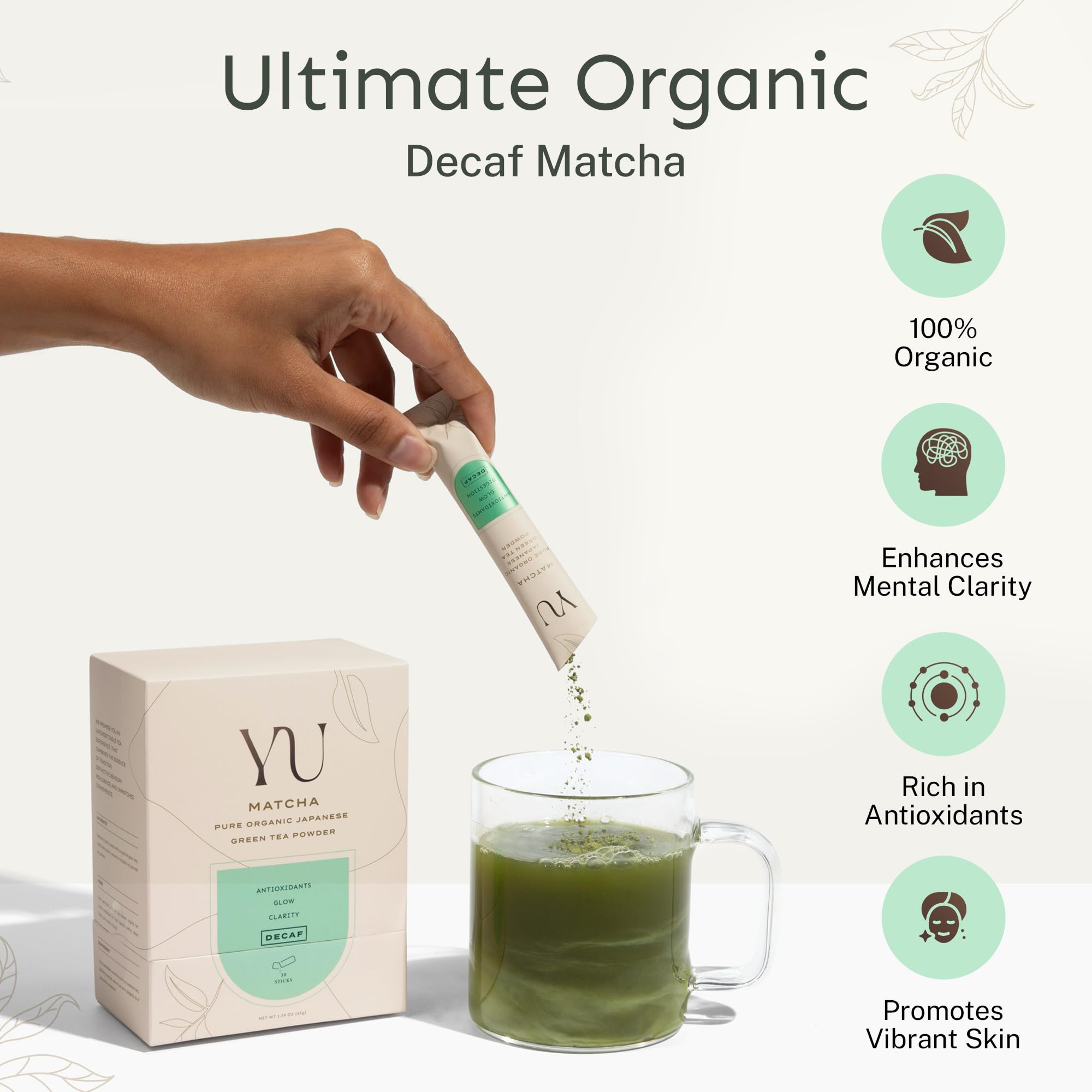 Yu Tea Organic Decaf Matcha Powder Ceremonial Grade, 50 Servings | Rich in Antioxidants & L-Theanine, Low Caffeine | Unsweetened Grade A Japanese