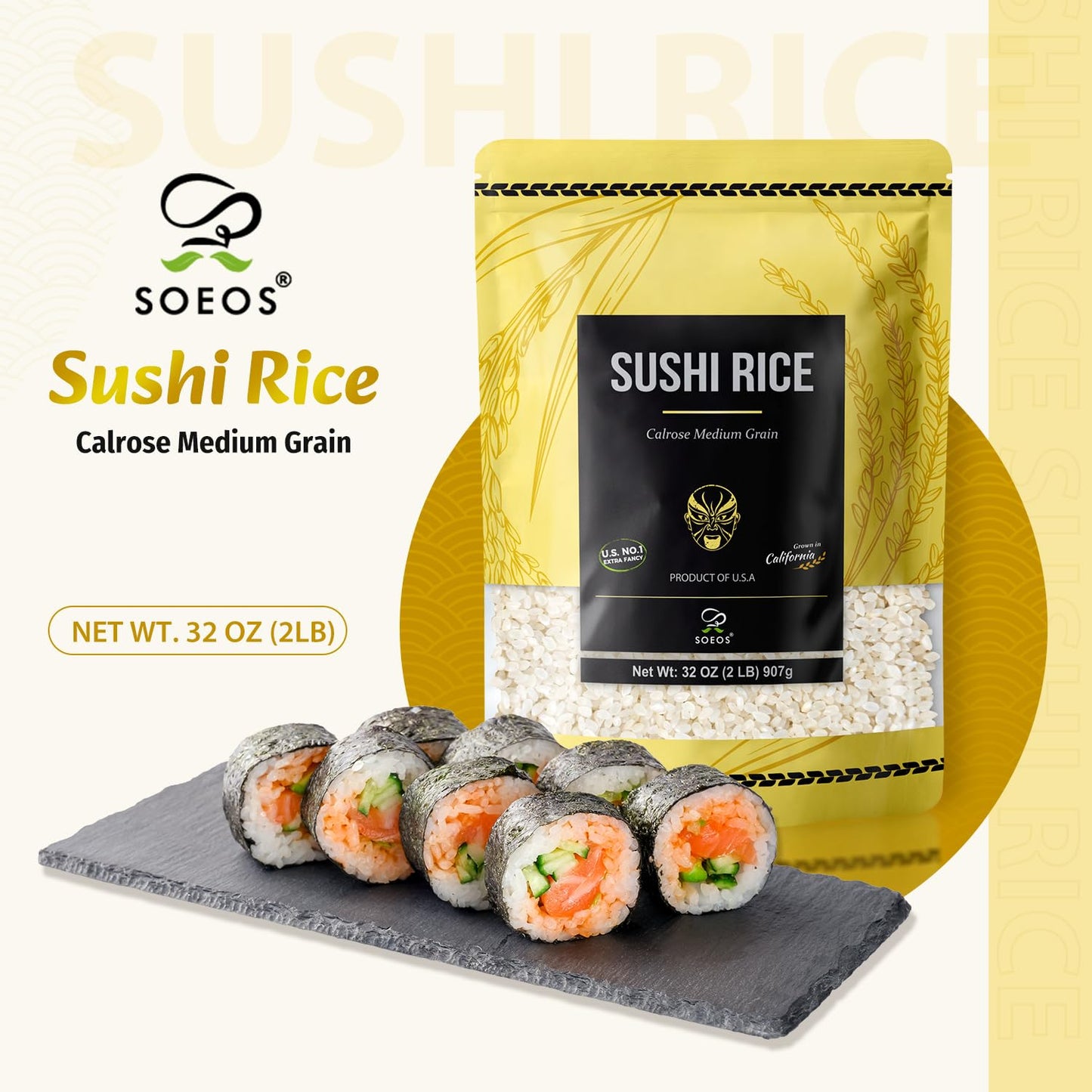Soeos Sushi Rice, Medium Grain Rice, Sticky Rice for Sushi Rolls and Japanese Food, 2 Pound (32 Ounce)
