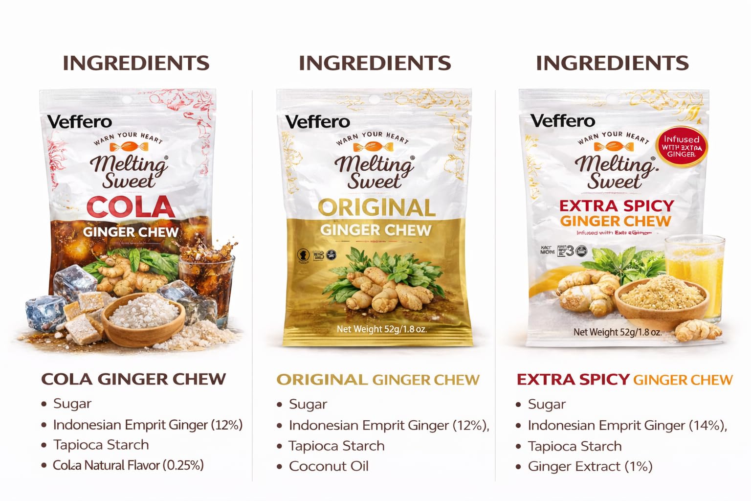 Veffero Melting Sweet Ginger Chews, 3 Flavor Variety Pack, Cola, Original, Extra Spicy, Indonesian Ginger, 52g Each, 3 Pack (Mixed flavor (3 packs))