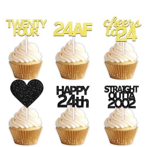 18pcs Black Gold Glitter Dessert Cupcake Pick for Straight Outta 2002 Cheer to 24 Years Old Theme Decor Supplies Happy 24th Birthday Party Decoration