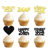 18pcs Black Gold Glitter Dessert Cupcake Pick for Straight Outta 2002 Cheer to 24 Years Old Theme Decor Supplies Happy 24th Birthday Party Decoration