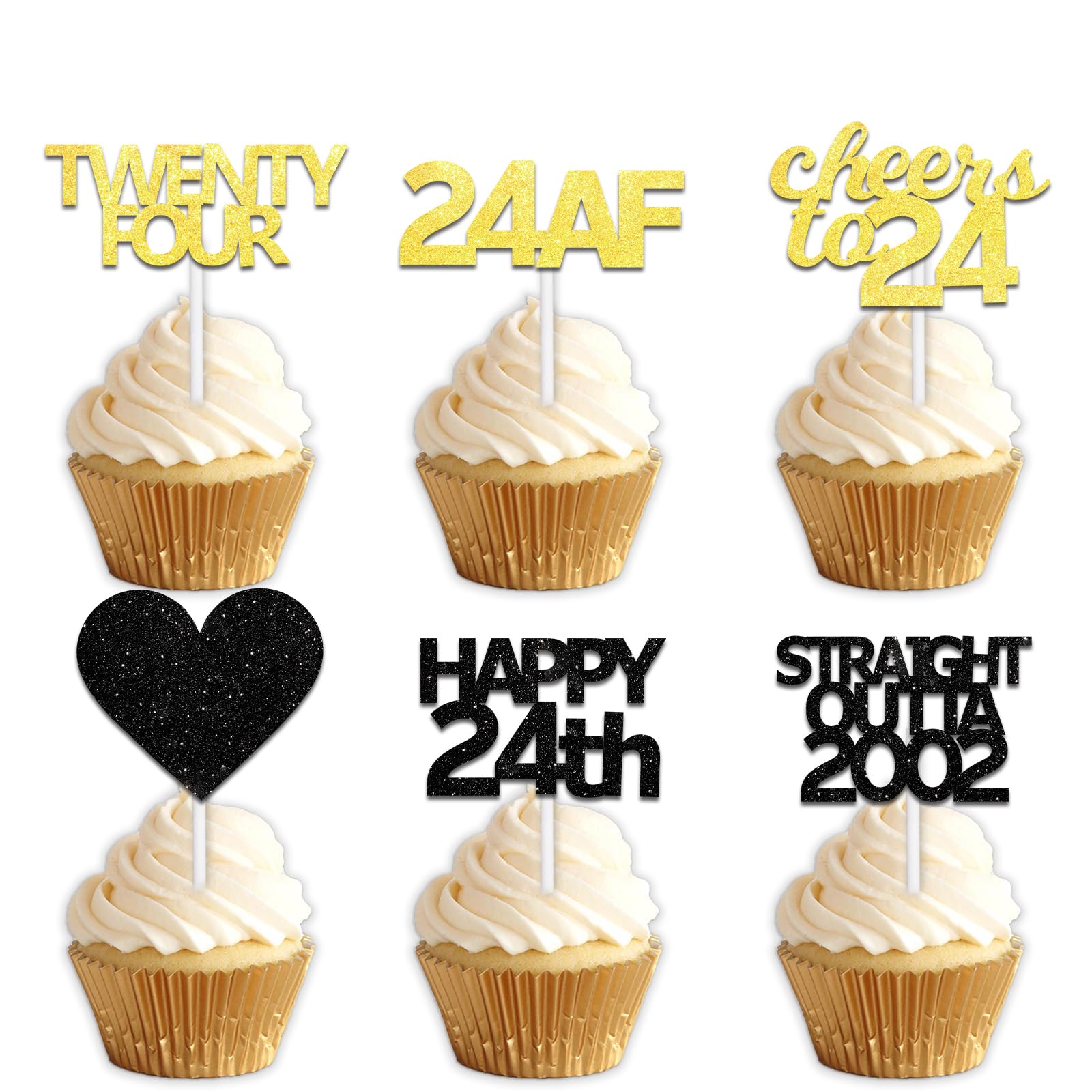 18pcs Black Gold Glitter Dessert Cupcake Pick for Straight Outta 2002 Cheer to 24 Years Old Theme Decor Supplies Happy 24th Birthday Party Decoration