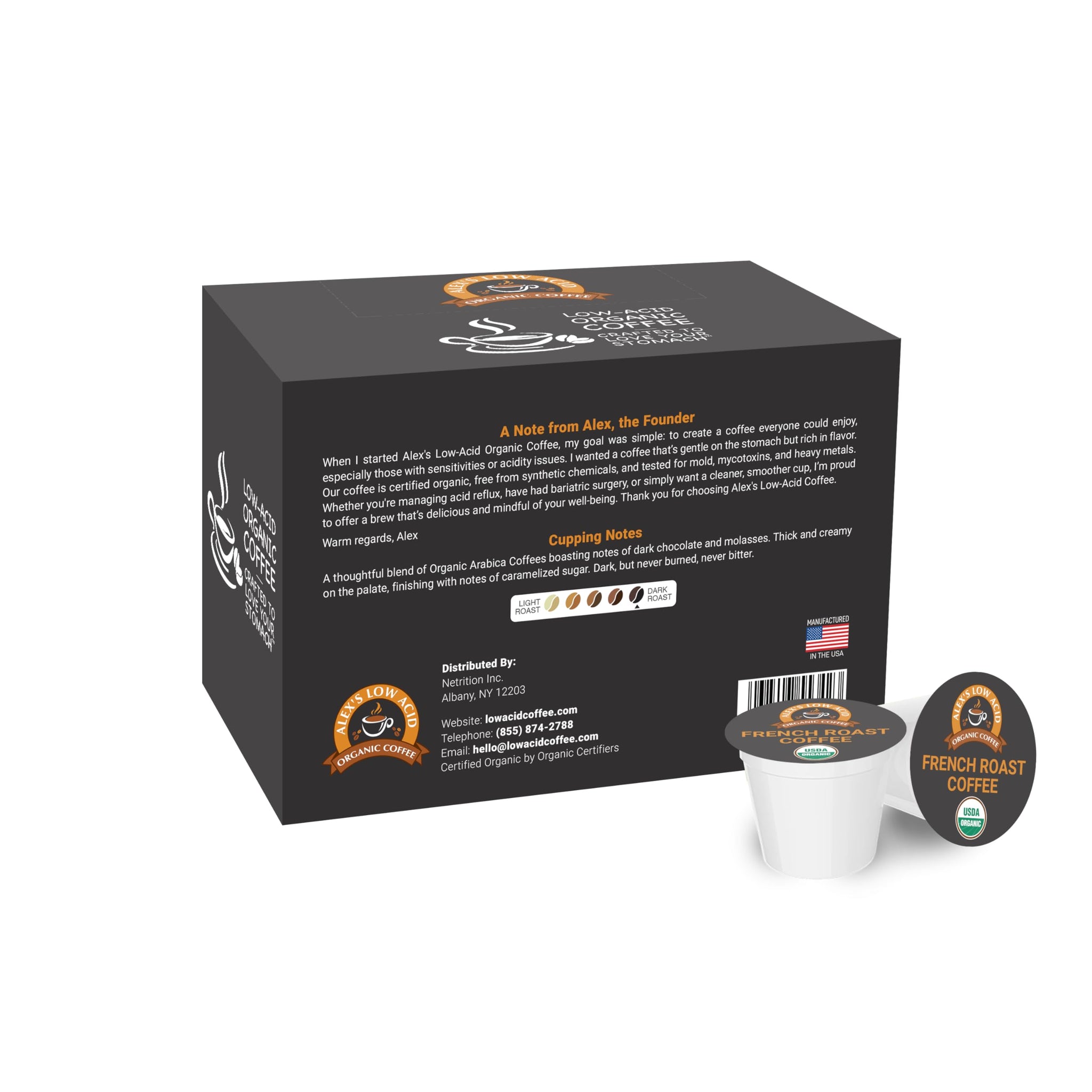 Alex’s Low Acid Organic Coffee | Created to Limit Heartburn, Acid Reflux & Stomach Irritation | French Roast | Pack of 12 K-Cups