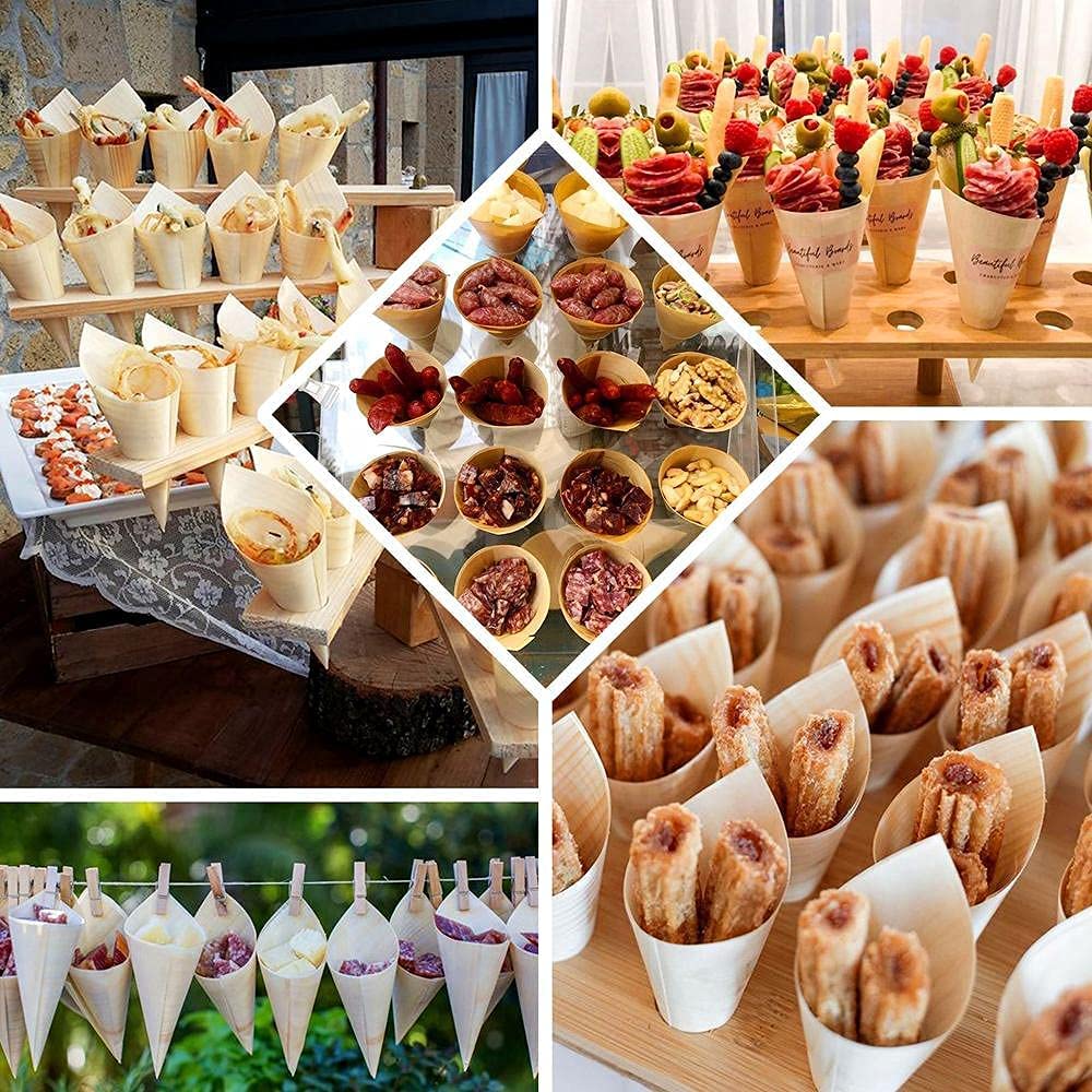 Gere Disposable Wood Charcuterie Cones Plates, Large 7.1 inches Tall x 2.75 inches Dia - 100 Pieces, for Appetizers, Charcuterie, Parties, Catering