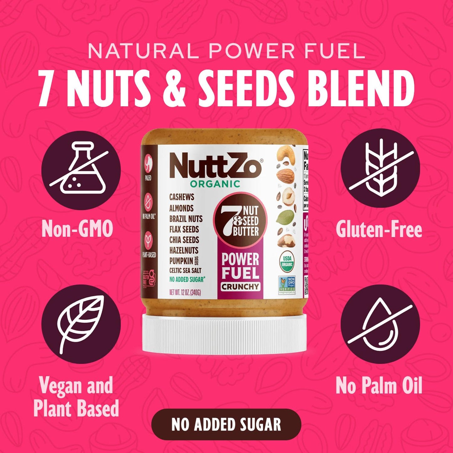NuttZo Organic Power Fuel 7 Nuts and Seeds Butter, Crunchy, Paleo and Keto Friendly, Peanut and Gluten Free, Vegan, Kosher, No Added Sugar or Oil, 12
