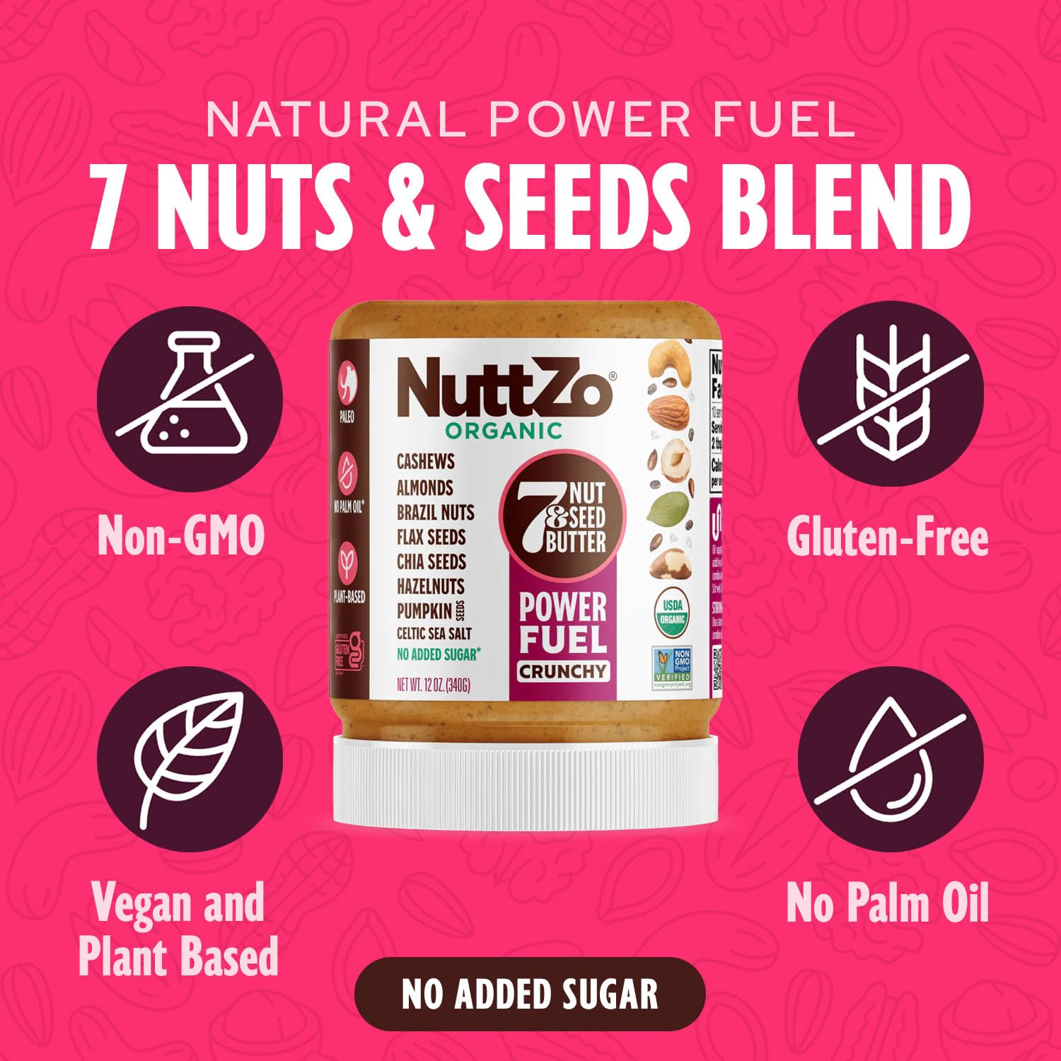 NuttZo Organic Power Fuel 7 Nuts and Seeds Butter, Crunchy, Paleo and Keto Friendly, Peanut and Gluten Free, Vegan, Kosher, No Added Sugar or Oil, 12
