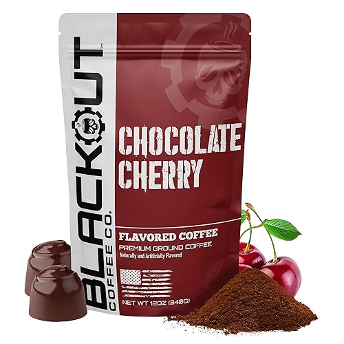 Blackout Coffee Chocolate Cherry Flavored Ground Coffee - Medium Roast, Smooth Taste, Guilt-Free Indulgence - Freshly Roasted 12oz Pouch.