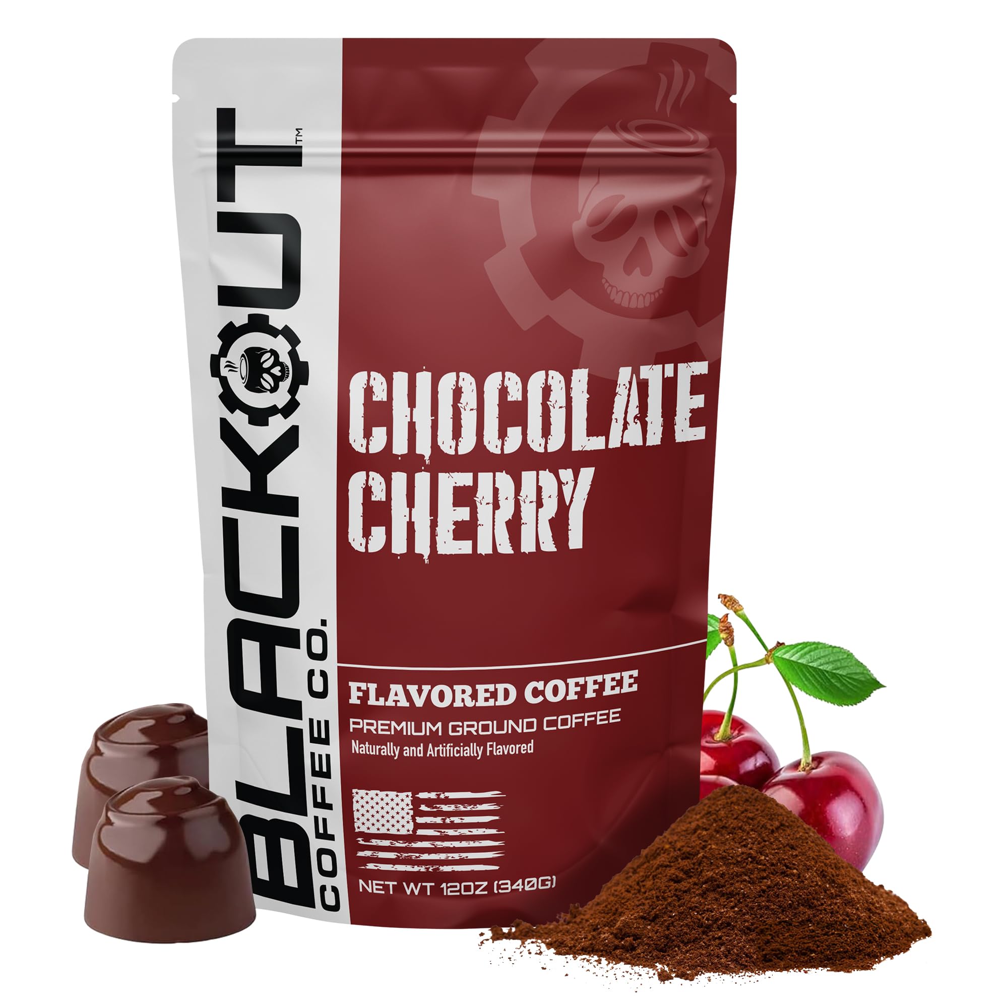 Blackout Coffee Chocolate Cherry Flavored Ground Coffee - Medium Roast, Smooth Taste, Guilt-Free Indulgence - Freshly Roasted 12oz Pouch.