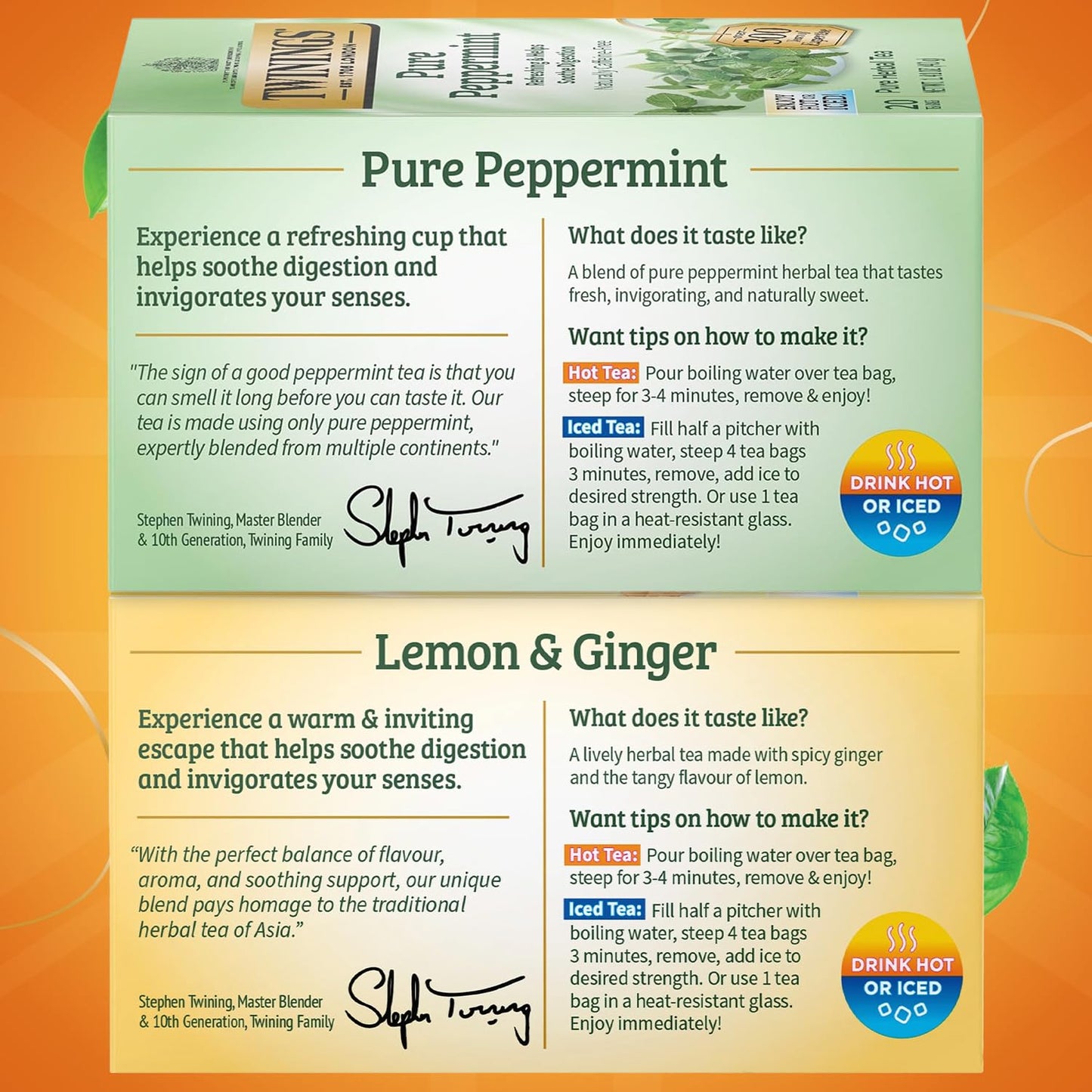 Twinings Tea Variety 2-Pack - Pure Peppermint + Lemon & Ginger, Naturally Caffeine-Free Herbal Tea Bags, Individually Wrapped, 20 Count Each