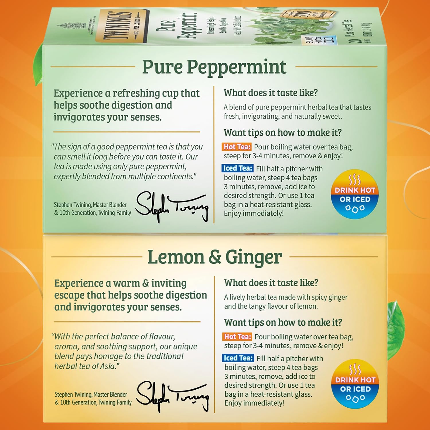 Twinings Tea Variety 2-Pack - Pure Peppermint + Lemon & Ginger, Naturally Caffeine-Free Herbal Tea Bags, Individually Wrapped, 20 Count Each