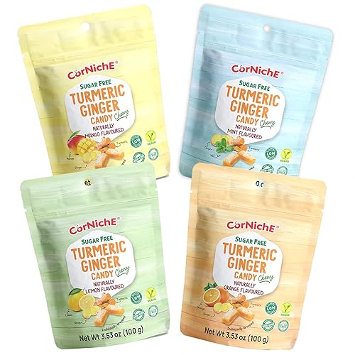 CORNICHE Sugar Free, Turmeric Ginger Candy Chewy, 4 Flavor Mix "Orange, Lemon, Mint And Mango". (Pack of 1)