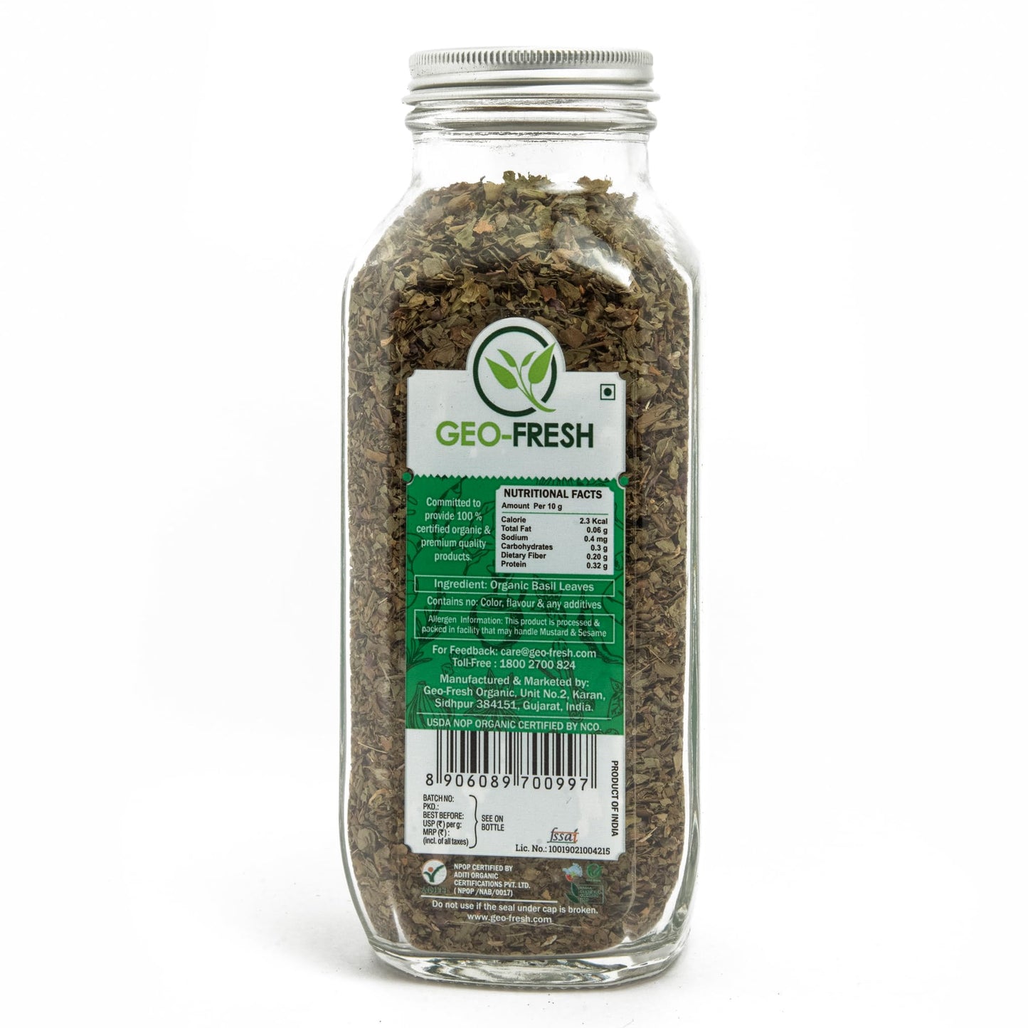 Geo-Fresh Organic Basil, 2.47 oz (70g), Non-GMO, Kosher, 100% Organic, Gluten Free, USDA Certified