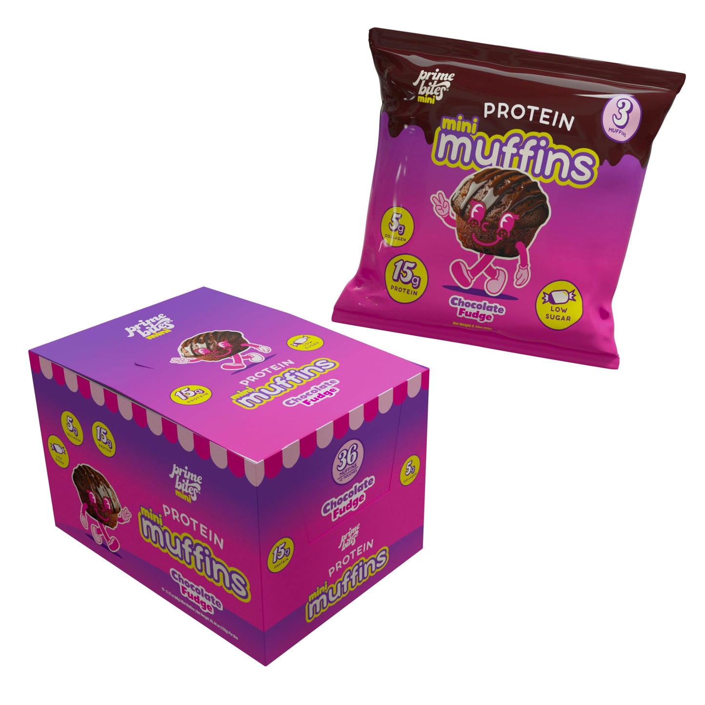 Prime Bites Minis - High Protein Muffin (12 Per Box, Chocolate Fudge) - 15g of Protein, 5g of Collagen, Gluten Free, Low Sugar Treat, Delicious
