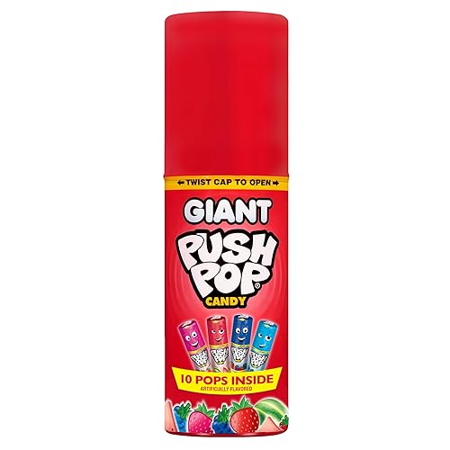 Push Pop Giant Candy Lollipop Container, 10 Ct Individually Wrapped in Assorted Fruity Flavors, Full Size, Fun Hard Candy For Party Favors, Birthday