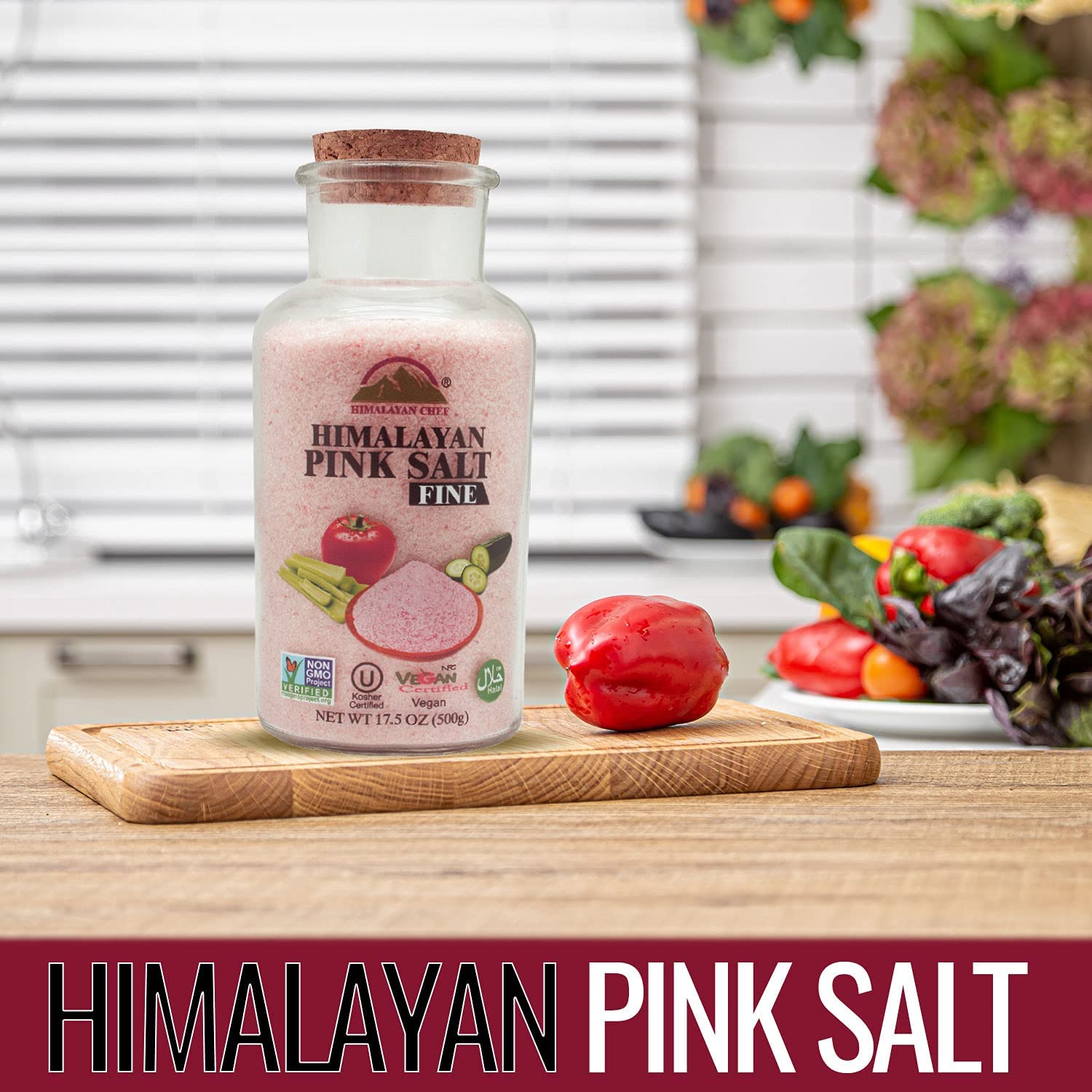 Himalayan Chef Pink Himalayan Salt, Wide Mouth Glass Jar with Cork Stopper, Reusable, 17.5 Ounce (PACK OF 6)