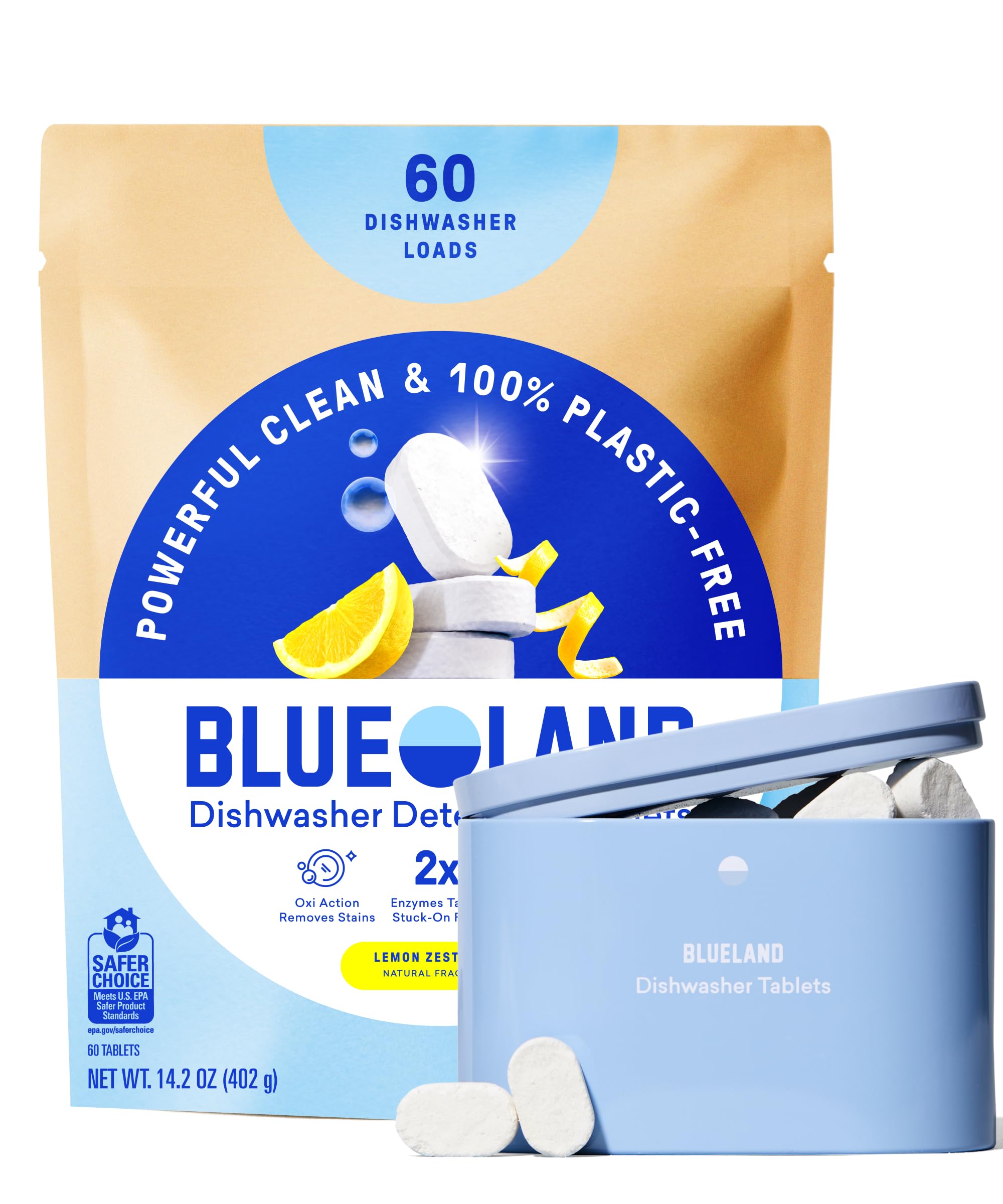 BLUELAND 100% Plastic-Free Dishwasher Detergent Tablets, Starter Set, 60 Count with tin, Lemon Zest, Eco-Friendly Dishwashing Pods, Natural, USDA