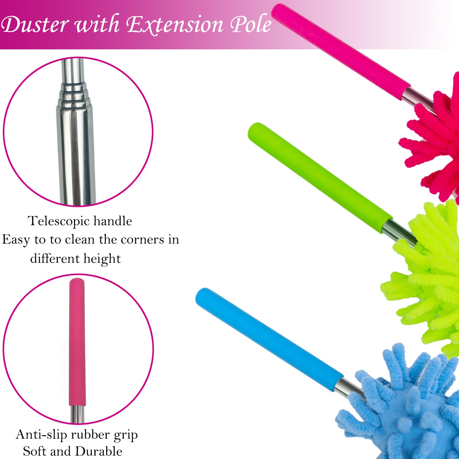 M-Jump 3 Pack Retractable Long-Reach Washable Duster for Cleaning, Microfiber Hand Duster Brush with Telescoping Pole for Cleaning Car, Window