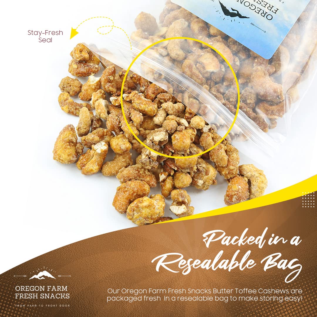 Oregon Farm Fresh Snacks Butter Toffee Cashews - Butter Toffee Coated Cashew Nuts - Delicious and Sweet Nut Snacks - Crunchy Cashew Nut Snack Packs