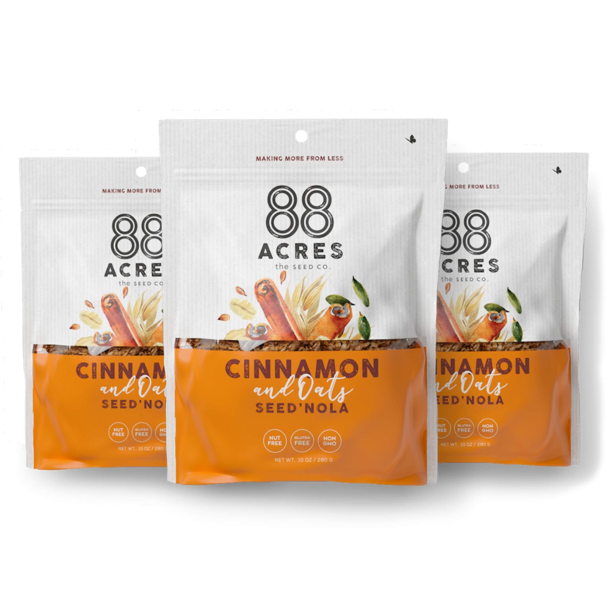 88 Acres Seed Granola | Gluten Free, Nut Free, Non GMO, School Safe, Healthy Vegan Breakfast Cereal | 3 Pack, 10 oz (Cinnamon & Oats)